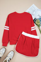 Black Varsity Stripe Detail Drop Shoulder Pullover Mini Skirt Set