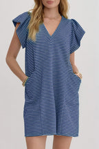 Blue Stripe Textured Knit V Neck Flutter Sleeve Shift Mini Dress