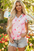 Multicolour Contrast Floral Patchwork Notched Neck Flutter Sleeve Blouse