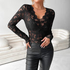 Women's Elegant V-Neck Lace Patchwork Long Sleeve Top