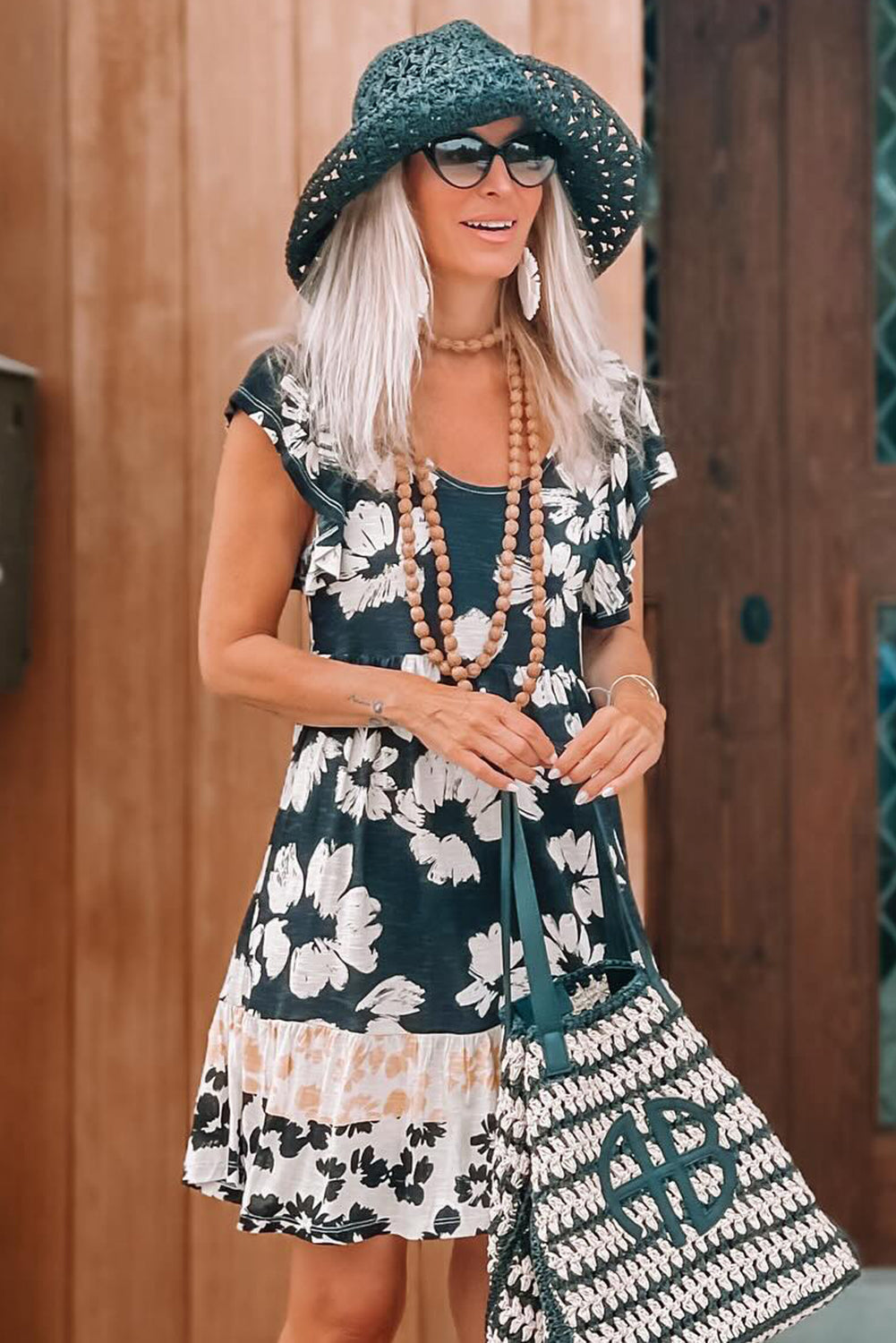 Dark Green Floral Print Ruffle Sleeve Empire Waist Mini Dress