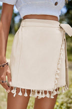 Apricot Tassel Trim Wrap Knot Side Bohemian Style Mini Skort