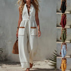 Women's Sleeveless Wide-Leg Jumpsuit – Loose Fit, V-Neck, Cotton Linen