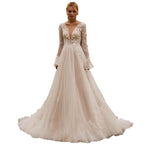 Sexy See-through Wedding Long Sleeve Embroidered Deep V Puffy Wedding Dress