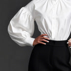 Stylish And Elegant Womens Pleated High-neck Blouse With Puffed Sleeves
