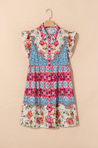 Rose Floral Mixed Pattern Ruffle Flutter Sleeve Buttoned Dress