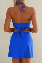Dark Blue Crossover Tie Back Halter Bikini with Swim Bottoms