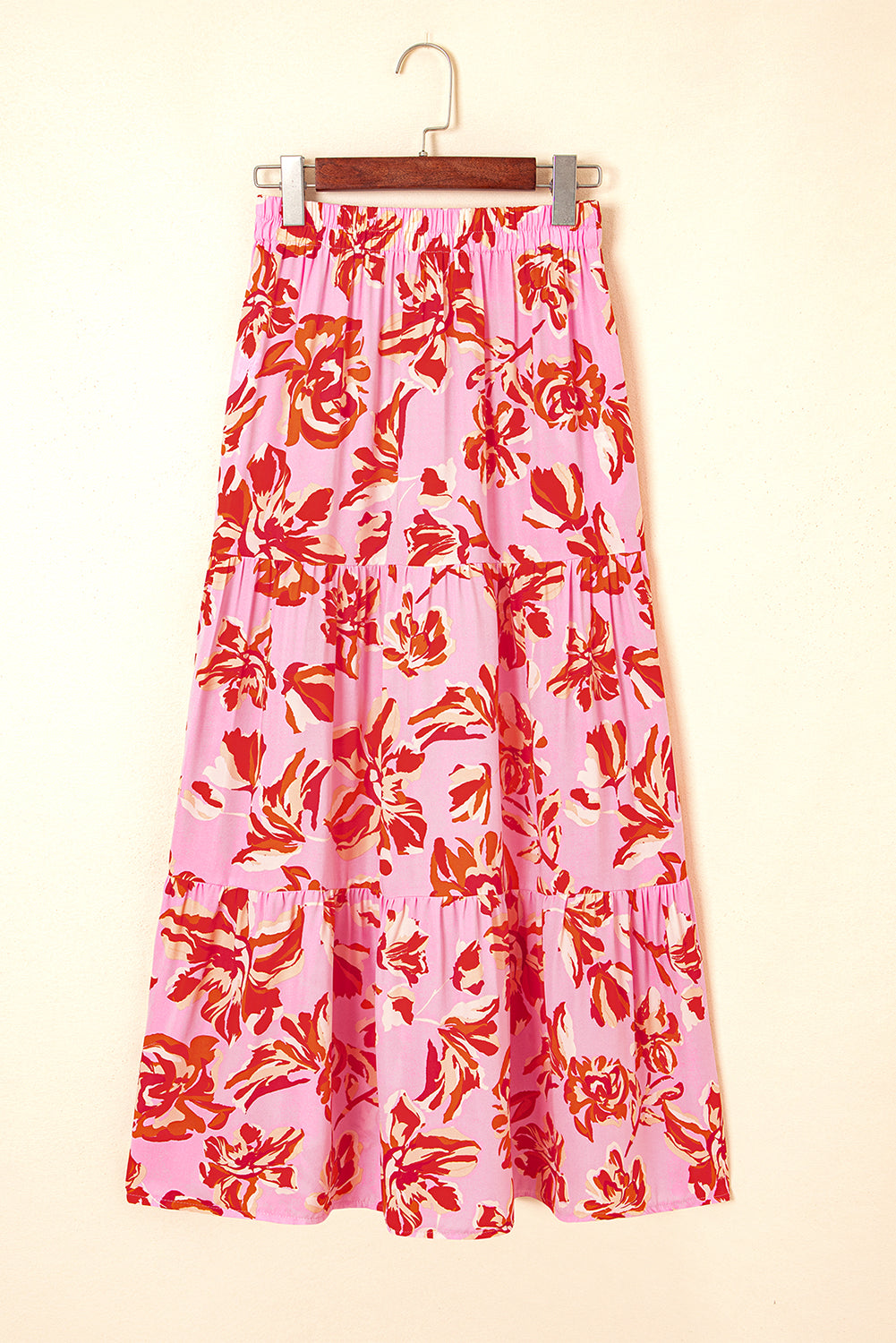 Blue Bohemian Floral Print Tiered Maxi Skirt with Split