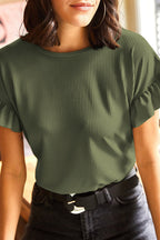 White Solid Color Ribbed Ruffled Short Sleeve T Shirt
