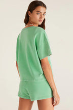 Mint Green V Neck Drop Shoulder Tee and Patchwork Shorts Set