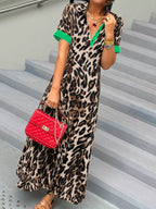 Leopard Print Button-Down Dress with Contrast Trim