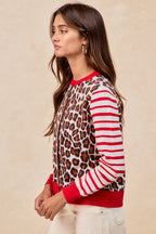 BiBi Leopard With Stripe Combo Buttoned Cardigan