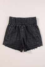 Black Smocked High Waist Mineral Washed Jean Shorts