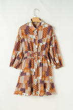 Orange Boho Floral Puff Sleeve Smocked Waist Mini Shirt Dress