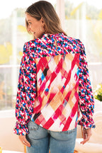 Rose Red Abstract Geometric Pattern Patchwork Puff Sleeve Blouse