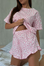 Pink Leopard Print Round Neck Top and Ruffle Trim Shorts Two Piece Pajama Set