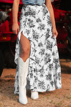 Black Boho Floral High Waist Ruffle Split Maxi Skirt