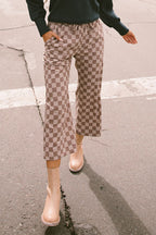 Khaki Tie Elastic Waist Checkered Loose Pants