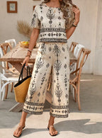 Women's Ethnic Print Contrast Two-Piece Set – Top & Straight-Leg Pants