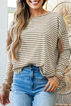 Khaki Stripe Thermal Knit Drop Shoulder Casual Top