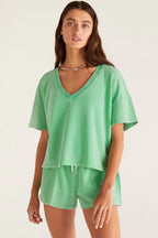 Mint Green V Neck Drop Shoulder Tee and Patchwork Shorts Set