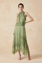V-Neck Ruffle Waist Tank Top & Skirt Set – Elegant Hollow-Out Two-Piece