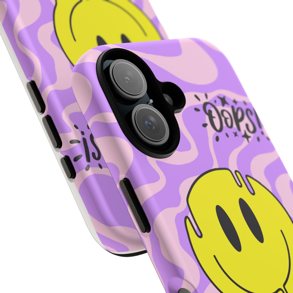 Phone Case Dripping Yellow Smiley on Purple Swirl "Oops!" Design