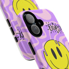 Phone Case Dripping Yellow Smiley on Purple Swirl "Oops!" Design