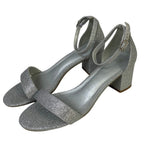 Womens Size 9 Silver Glitter 2.5" Chunky Heel Open Round Toe Ankle Strap Shoes
