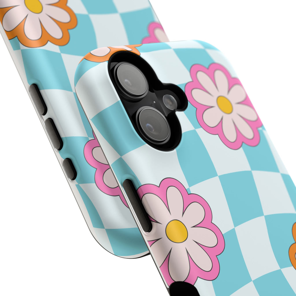 Phone Case Retro Checkerboard with Pink & Orange Daisies (Impact-Resistant)
