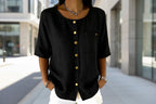 Crew-Neck 3/4 Sleeve Shirt with Metal Buttons – 7 Colors, S–3XL