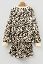 Brown Leopard Print Contrast Trim Long Sleeve Pullover Drawstring Shorts 2pcs Outfit