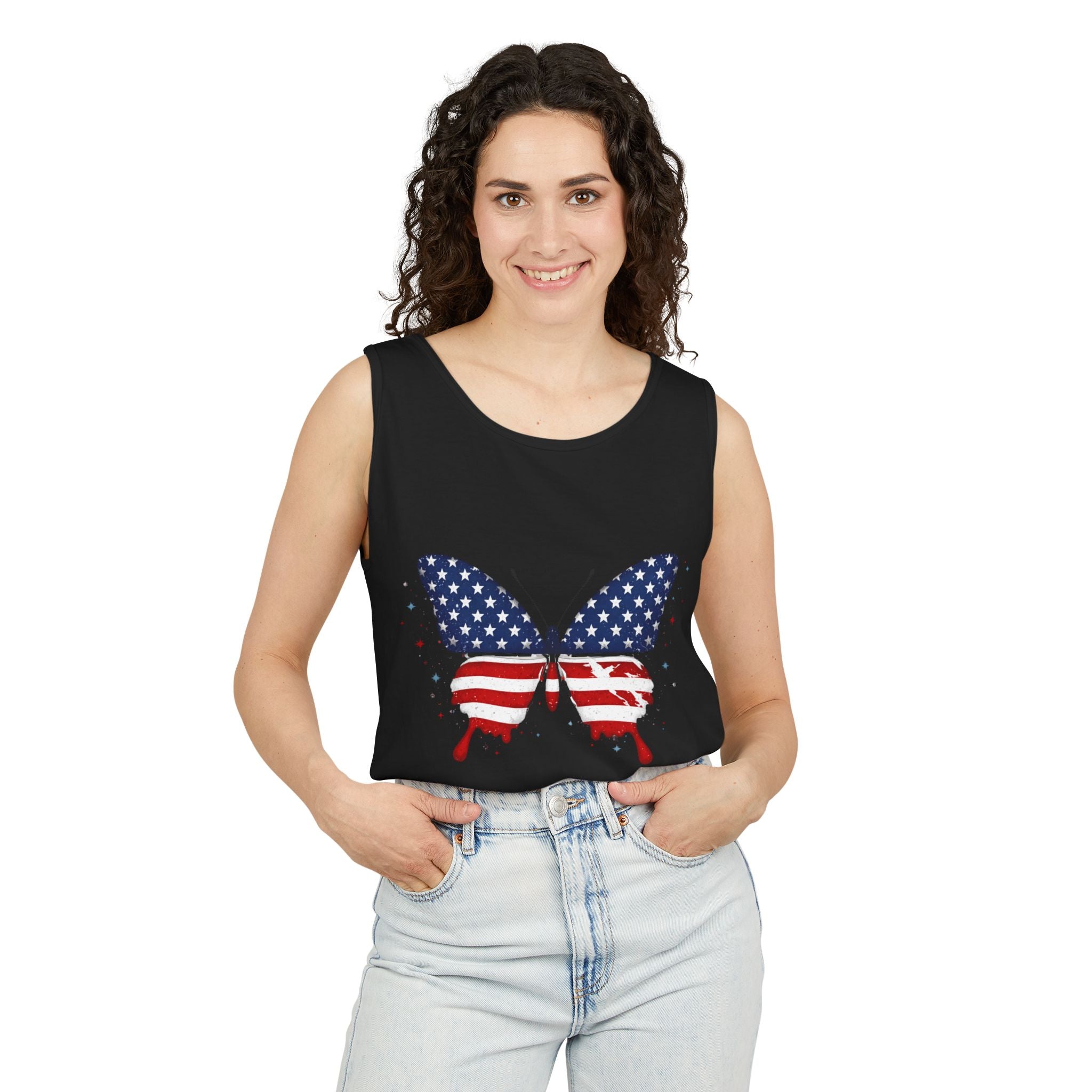 American Flag Butterfly Tank Top Patriotic Summer Graphic 4th of July and Everyday Wear