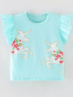 Children's Cute Unicorn Floral Print Ruffle Sleeve T-Shirt