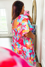 Rose Abstract Printed Puff Sleeve Square Neck Smocked Bust Tied Back Plus Size Dress