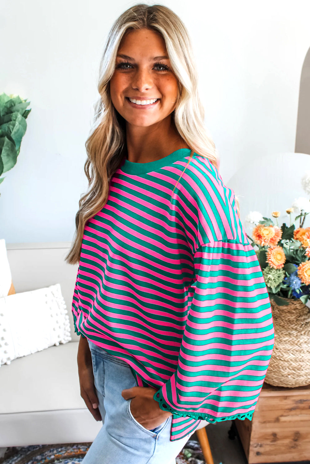 Sachet Pink Striped Print Drop Shoulder Lace Trim Bracelet Sleeve Loose Top