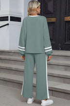 Gray Varsity Stripe Patchwork Puff Sleeve Pullover Drawstring Wide Leg Pant Set