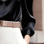 Women’s Satin V-Neck Long Sleeve Top – Slim Fit Solid Color Blouse