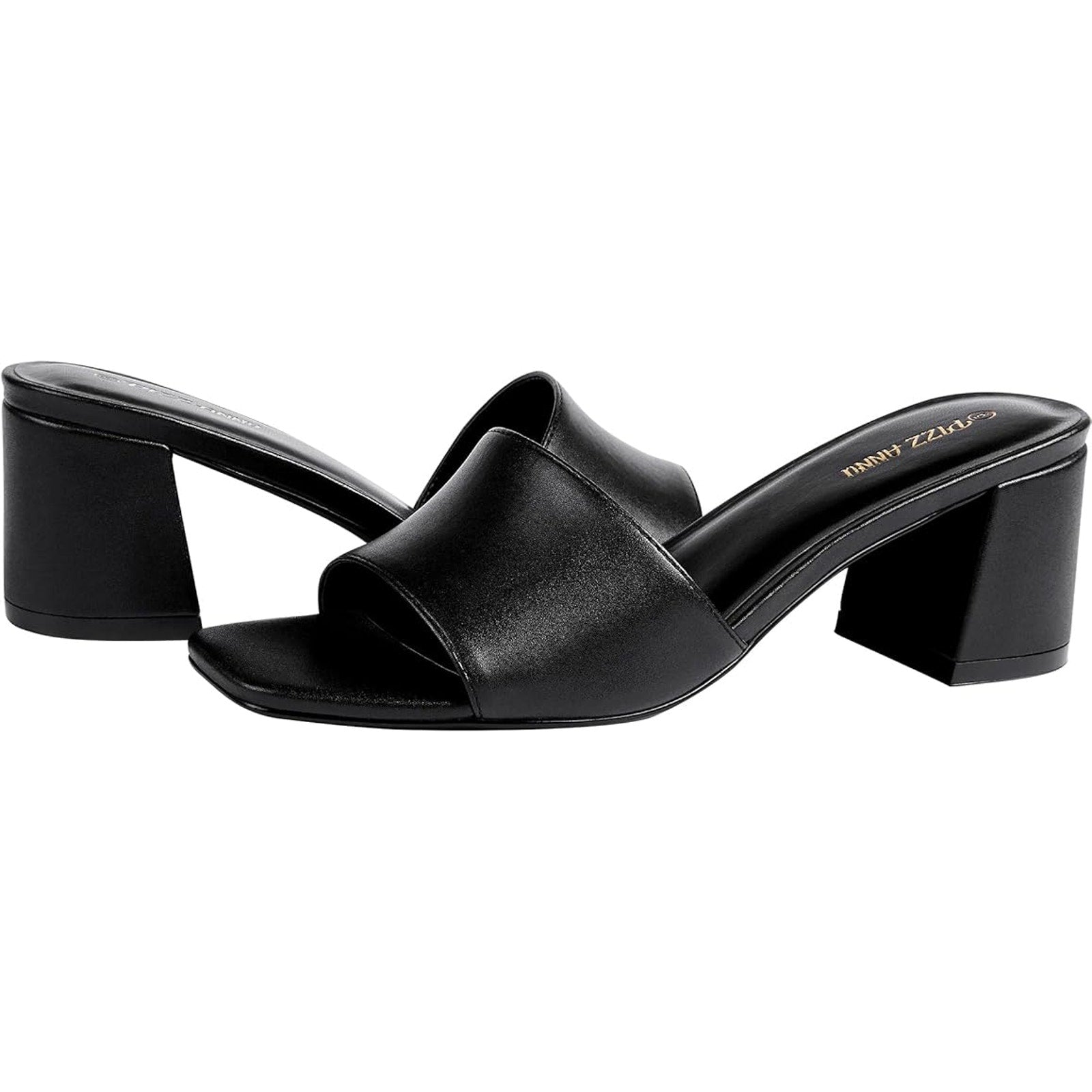 New Pizz Annu Womens 7 Black Faux Leather Open Toe 2.5" Block Heel Shoes w Flaw