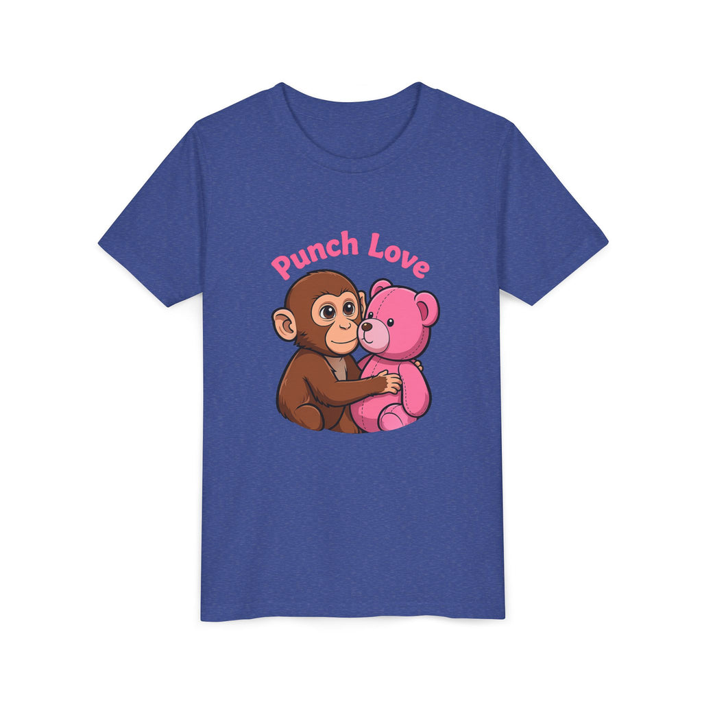 Youth Tee — "Punch Love" Monkey Hugging Pink Teddy Cute Kids Valentine Shirt