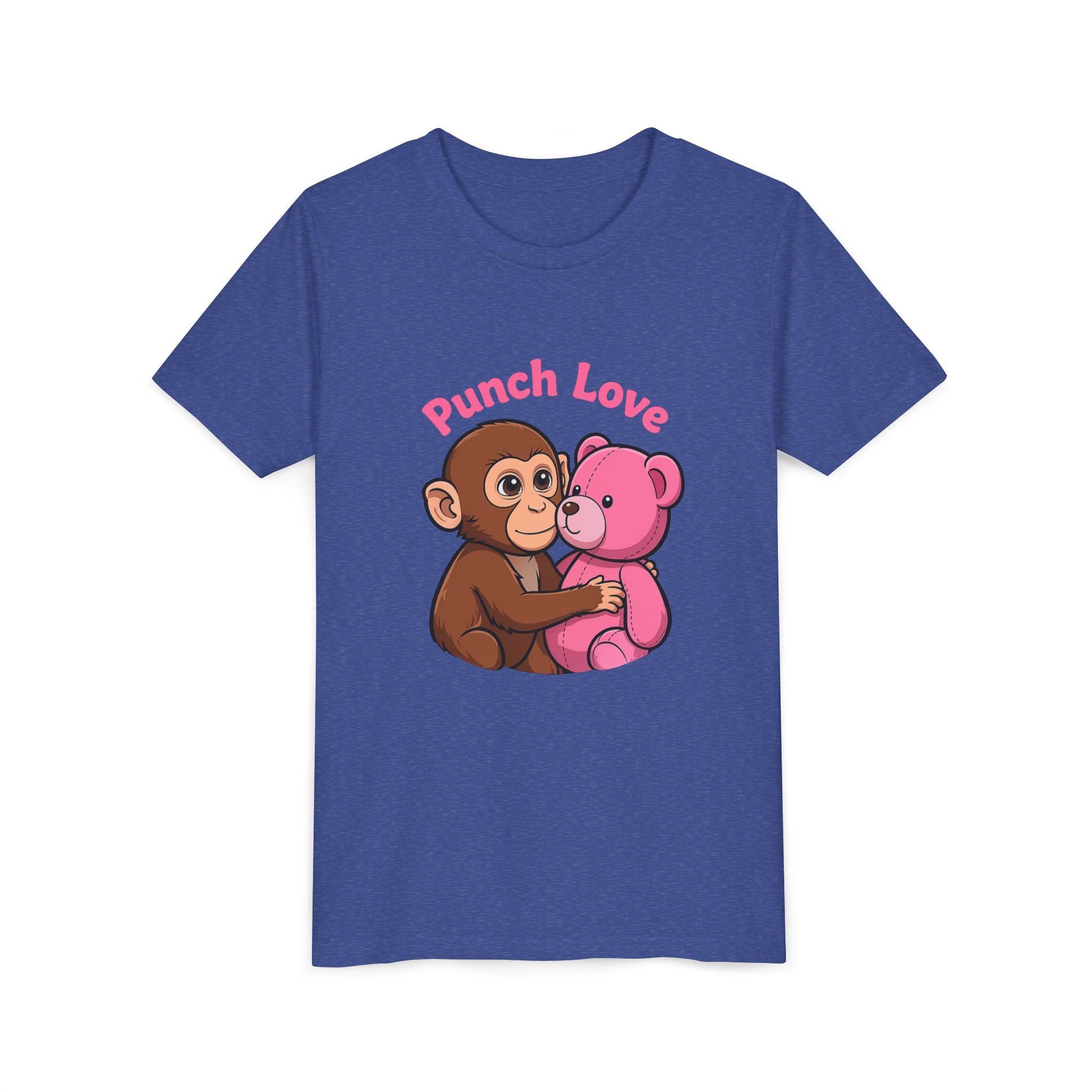 Youth Tee — "Punch Love" Monkey Hugging Pink Teddy Cute Kids Valentine Shirt