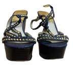 Michael Kors Size 8M Navy Blue Leather Gold Studs Strappy Wedge Heel Sandals