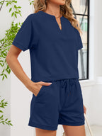 Notched Short Sleeve Top and Shorts Set