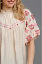 Umgee Full Size Embroidered Puff Sleeve Mock Neck Top Plus Size