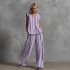 Women’s Sleeveless Striped Top and Full-Length Pants Set