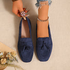 Women's Square Toe Tassel Slip-On Loafers | Suede Flat Casual Shoes