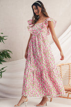 Blue Floral Print Square Neck Ruffled Strap Maxi Dress