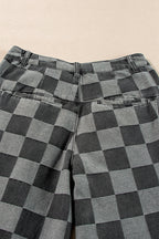 Dusk Blue Checkered Light Washed Wide Leg Jeans