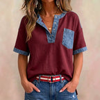 Women's Casual Loose-Fit Color-Block Patchwork Short-Sleeve Top