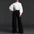 Stylish And Elegant Womens Pleated High-neck Blouse With Puffed Sleeves